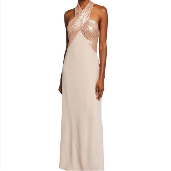 NWT Tadashi Shoji Champagne Halter Sequin Crepe Maxi Gown Dress Size 16 - Picture 2 of 16